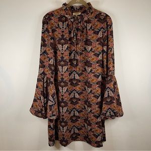 Umgee Ruffleneck Floral Leaf Print Boho Retro Shift Dress Size S